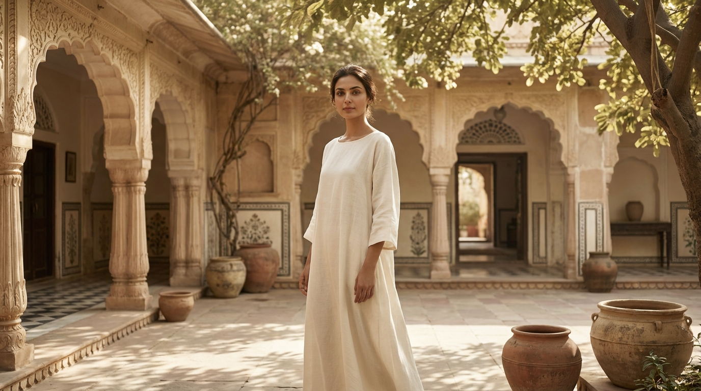 ILYAHĪKĀ — a model in flowing sustainable linen in a sun-drenched heritage courtyard